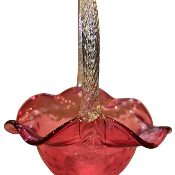 70s Fenton Cranberry Ruffle Glass Basket Clear Applied Handle* (small crack) - Picture 6 of 8